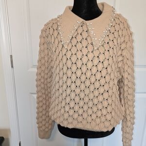 SHEIN Beige Knit Sweater with Embellished Collar